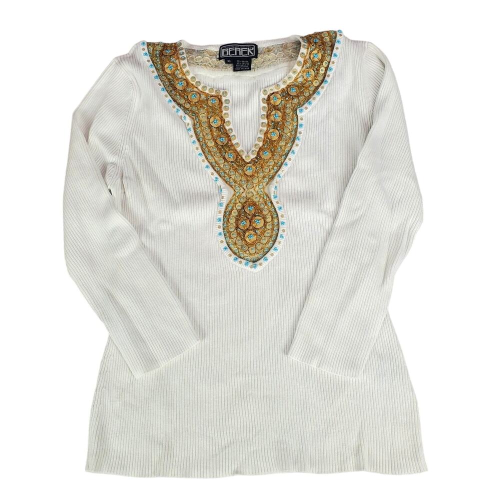 Vintage XL Berek White Ribbed Sweater Turquoise Gold Tone Beaded Mesh Embellish